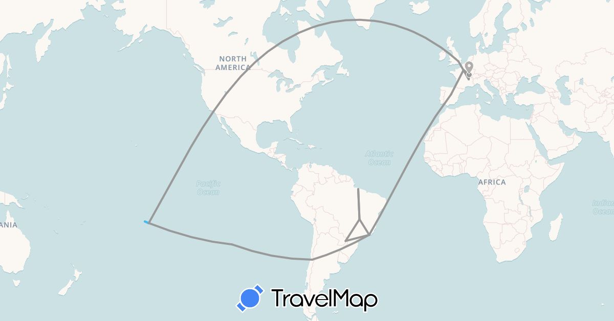 TravelMap itinerary: plane, train, boat in Argentina, Brazil, Chile, Spain, France, United Kingdom, French Polynesia, United States (Europe, North America, Oceania, South America)